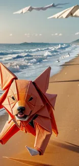 Orange origami dog running on sandy beach with ocean waves and flying paper planes.