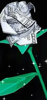 Origami rose made from dollar bills on a green stem, set against a dark background.