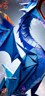 Vibrant blue origami dragon with colorful effects and a fantasy feel.