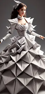 Woman in an origami-inspired gray dress with artistic folds, perfect for phone wallpaper.