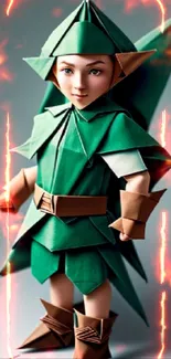 Green origami elf artwork as phone wallpaper.