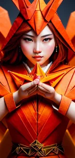 Intricate origami art design in vibrant orange on mobile wallpaper.