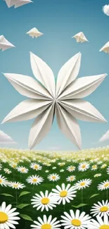 3D origami flower and daisy meadow under a bright blue sky.