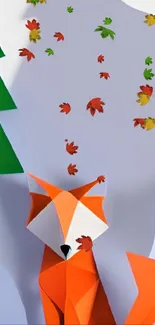 Origami fox in minimalist forest design wallpaper.