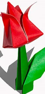 Red origami flower with green stem on a white background.