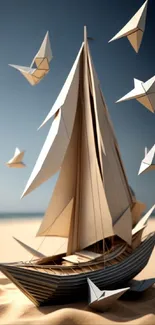 Origami sailboat with paper birds on a beach.