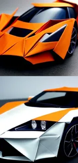 Origami sports cars in vibrant orange and white displayed on a mobile wallpaper.