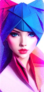 Colorful origami-style portrait of a woman with a vibrant headpiece.