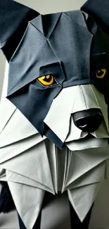 Origami wolf with geometric design in dark blue gray tones.