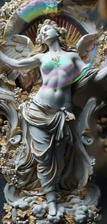 Ornate angelic statue with gold accents and rainbow glow as mobile wallpaper.