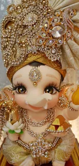 Ornate baby elephant deity with gold accents in mobile wallpaper.