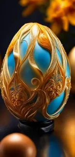 Intricate blue and gold ornamental egg with floral design on dark background.