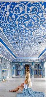 Lavish blue and white ornate ceiling with intricate patterns.