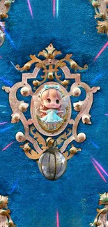 Ornate blue wallpaper with fairy doll in gold frame.