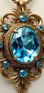 Ornate gold pendant with a blue gem on mobile wallpaper.