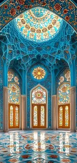 Ornate blue mosque interior with intricate patterns and stained glass windows.
