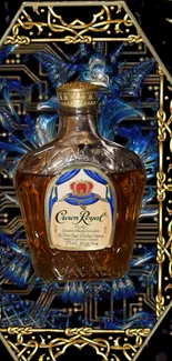 Ornate bottle with gold and blue design.