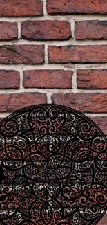 Ornate circular pattern on brick wall background.