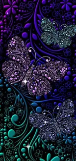 Ornate butterflies glow on dark floral background.