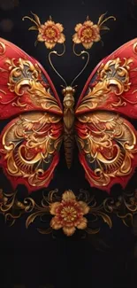 Intricate red and gold butterfly art wallpaper with floral patterns.