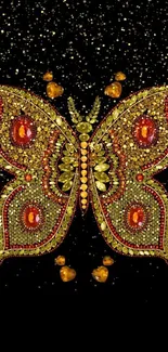 Gold and red jeweled butterfly on black.