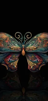 Intricate butterfly design on black background, mobile wallpaper.