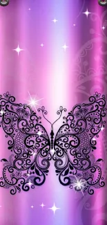 Detailed black butterfly on violet and pink ornate phone wallpaper.