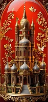 Ornate castle set against a rich red backdrop with gold detailing.