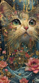 Ornate cat with floral fantasy and intricate gold designs.