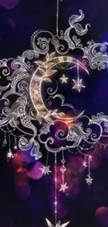 Ornate celestial mobile wallpaper with a crescent moon and stars.