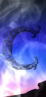 Ornate crescent moon with twilight night sky stars.