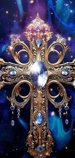 Ornate jeweled cross with a starry background