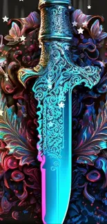 Intricately designed dagger in colorful, abstract fantasy wallpaper.