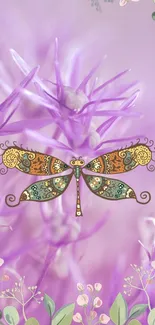 Ornate dragonfly on a vivid purple floral background with delicate leaves.