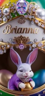Jewelled Easter egg with rabbit in purple attire.