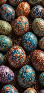 Intricately designed Easter eggs with vibrant patterns and colors.