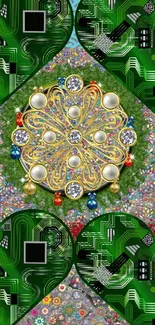 Intricate wallpaper with green circuitry and ornate jewelry design.