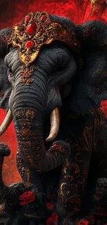 Ornate elephant with red and gold details on a mobile wallpaper.