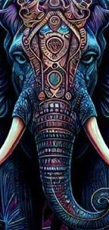 Ornate, colorful elephant art wallpaper with blue and purple hues.