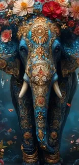 Intricate blue elephant adorned with flowers.