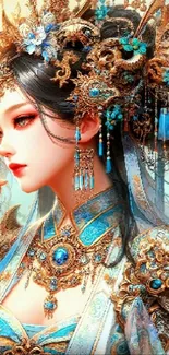 Fantasy art wallpaper of a regal figure with blue and gold ornaments.