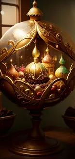 Ornate fantasy globe with golden designs and vibrant colors.