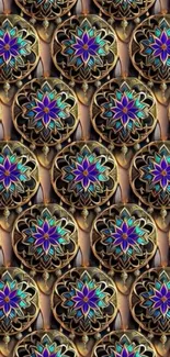 Ornate metallic floral pattern wallpaper with vibrant colors.