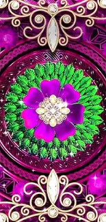 Ornate floral mobile wallpaper with purple and green accents.