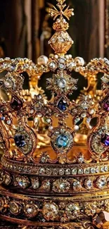 A luxurious ornate crown encrusted with gems sitting elegantly.