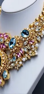 Luxurious ornate necklace with colorful gemstones and intricate gold details.