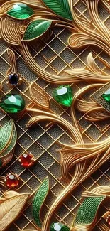 Ornate gold and green gemstone wallpaper design.
