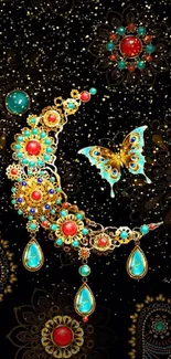 Ornate gold crescent and butterfly design with colorful jewels.