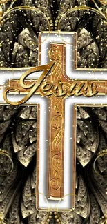 Ornate gold cross with intricate background pattern.