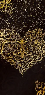 Ornate gold heart design on a black background wallpaper.